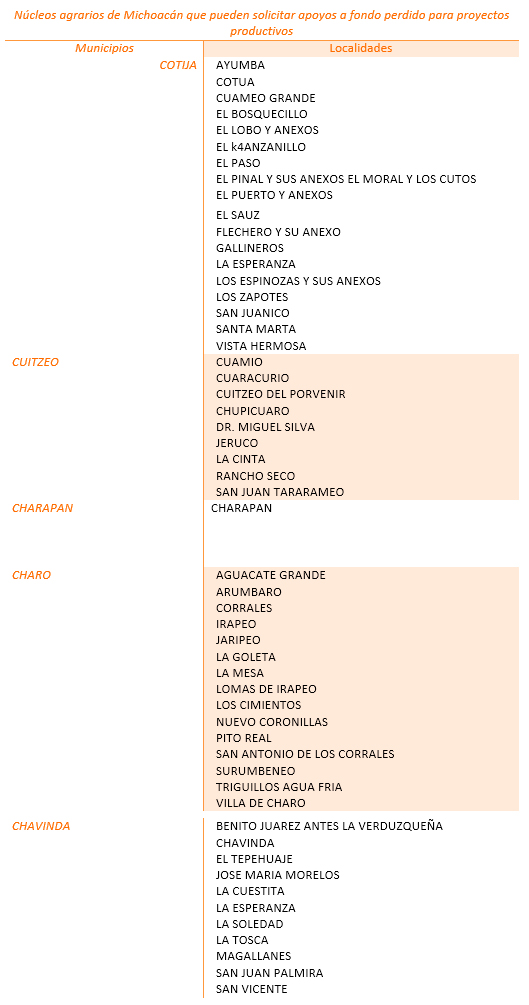 Cotija, Cuitzeo, Charapan, Charo y Chavinda pueden solicitar apoyo a fondo perdido para proyectos productivos